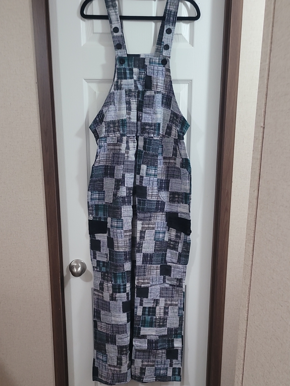 Wide Leg Patchwork Overalls in Black & Gray